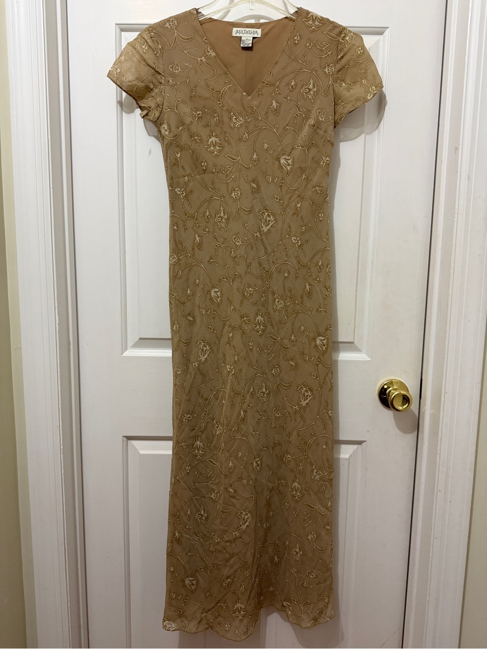 ANN TAYLOR Petites Silk Champagne Beige VNeck Maxi Dress Fully Lined sz Women 2P